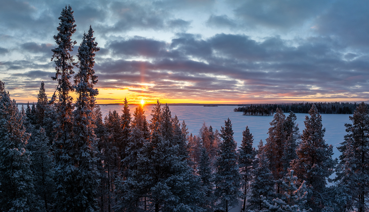 Sonnenuntergang, See, Wald, Posio, Lappland